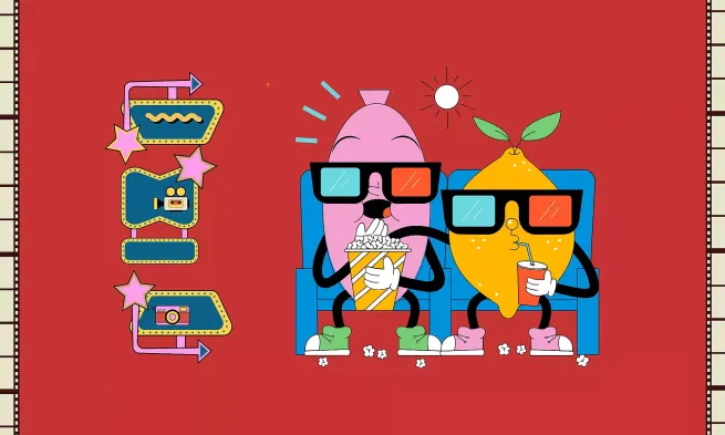 A drawing of two fruits wearing 3D glasses and sitting on cinema seats while they eat popcorn and drink soda.