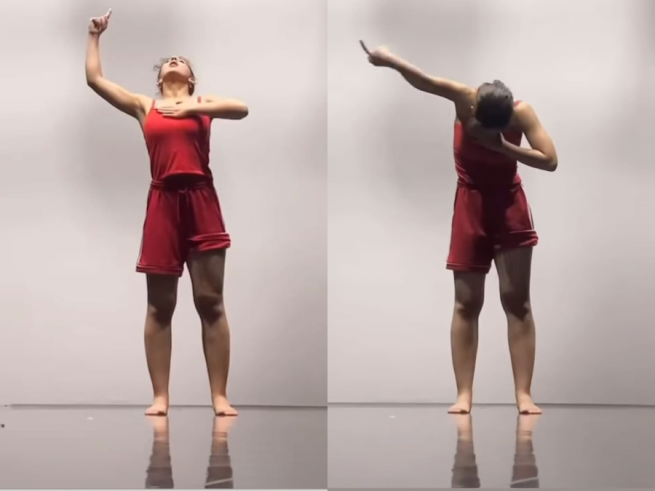 a woman in red in two pictures in two different poses, one looking up, the othe rlooking down