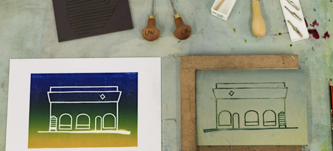 A linocut image of a building in blues, greens and yellows, alongside the piece of lino with the design cut out, and various linocutting tools.
