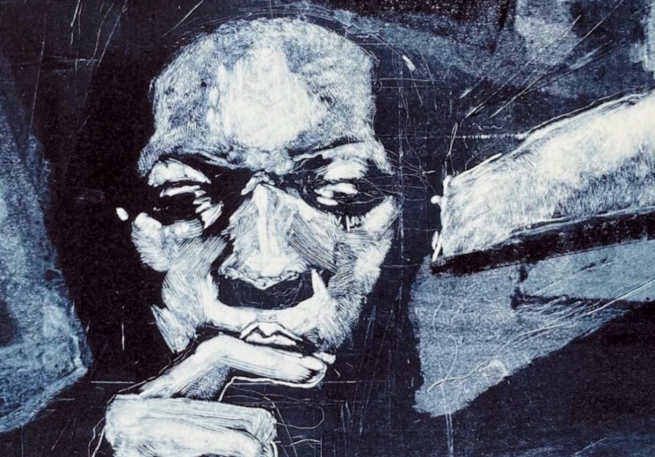 An abstract portrait image printed in shades of black and grey.