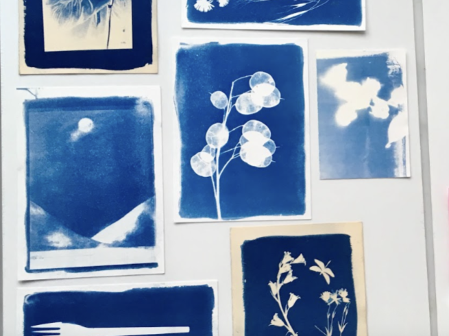 A selection of blue cyanotype prints of various designs