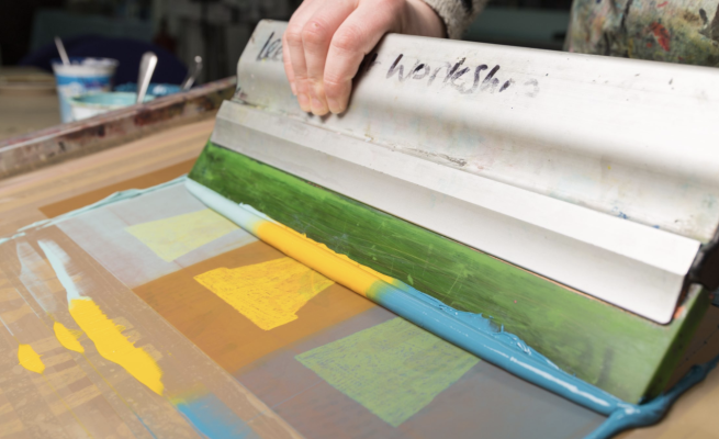 Images of plant pots being screen printed in yellow and blue inks