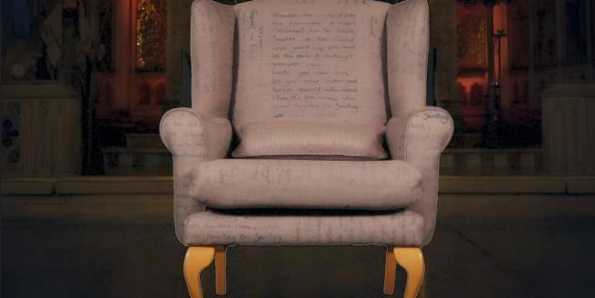 an armchair with text on it