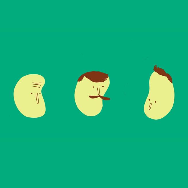 Illustration of three pale green butter beans with faces, two have hair.