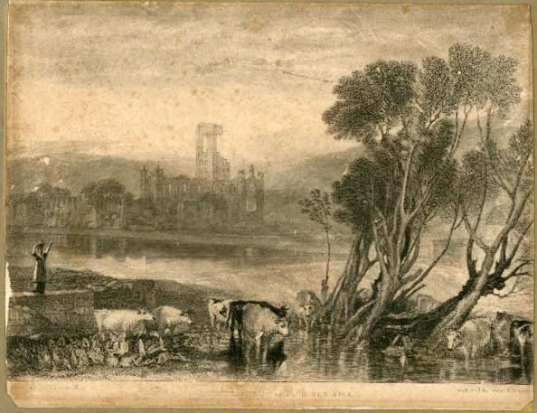 A print of Kirkstall Abbey with trees in the foreground, from an original painting by JMW Turner.