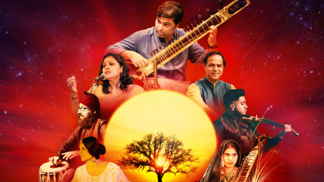 Cosmic background featuring a sun, tree and 6 people situated around the sun
