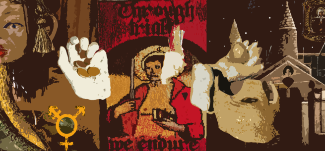 an image in a cut out style showing a college of some of the artwork that will be on display. Left is a closeup of a ceramic statue, middle is a tapestry, right is a painting. In front of them are more ceramic peices