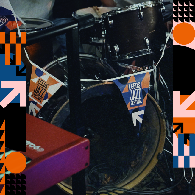 Drum kit with leeds jazz festival branding