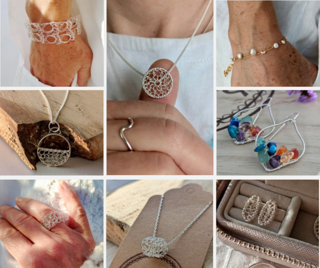 A collage of 8 images showing crochet wire jewellery on display and being worn. 7 of the images feature silver jewellery and one features a gold and mixed pearl bracelet.