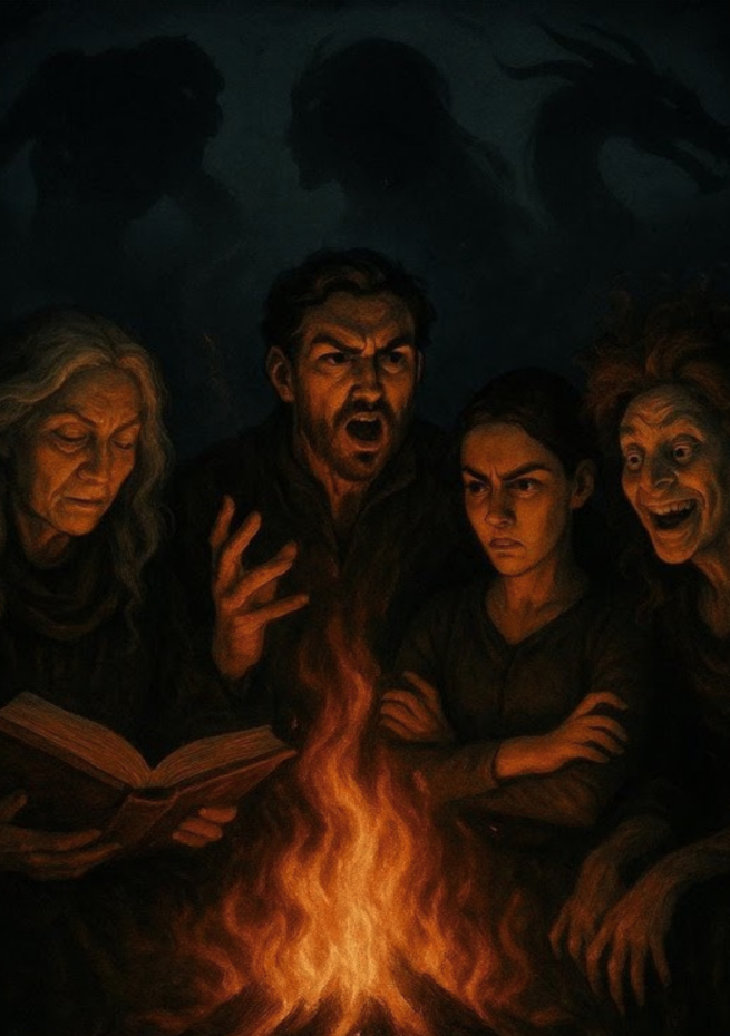 Four Storytellers Stand sit around a fire, it casts shadowy images of monsters, witches and a dragon behind them