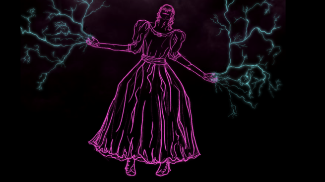 A blue drawing of a person in a dress, with blue electric lines coming from their hands. 