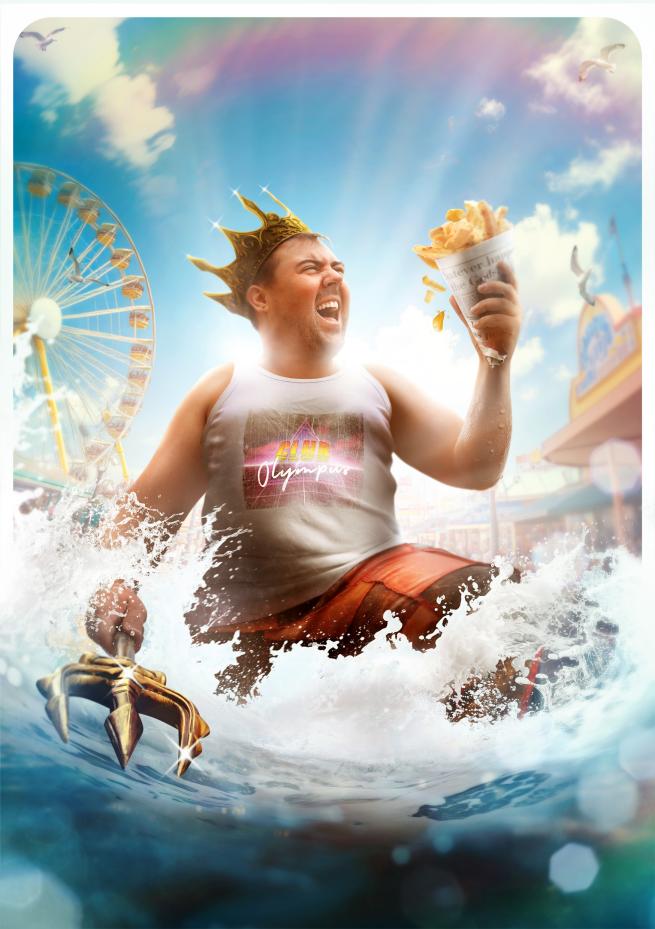 Poseidon coming out of the sea at a seaside, holding chips