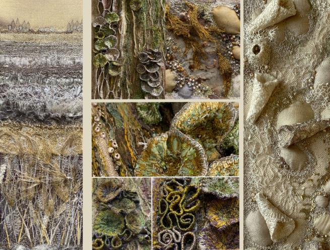 Julie's work features textures and colours from nature including tree bark, fungi, shells, sand and pebbles.