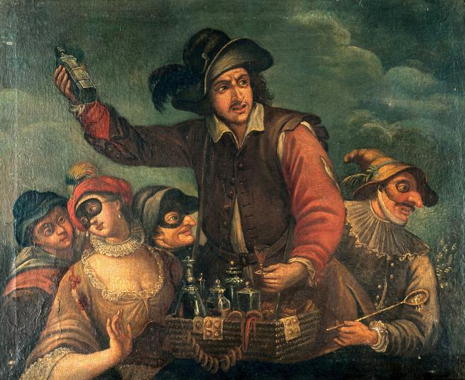 An oil painting of a quack seller