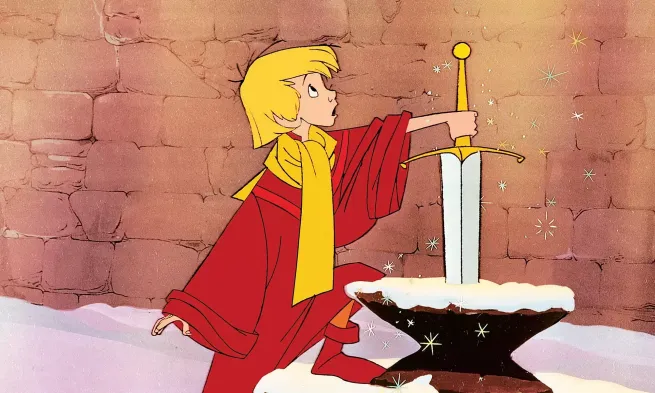 Arthur attempts to pull Excalibur out of a stone.