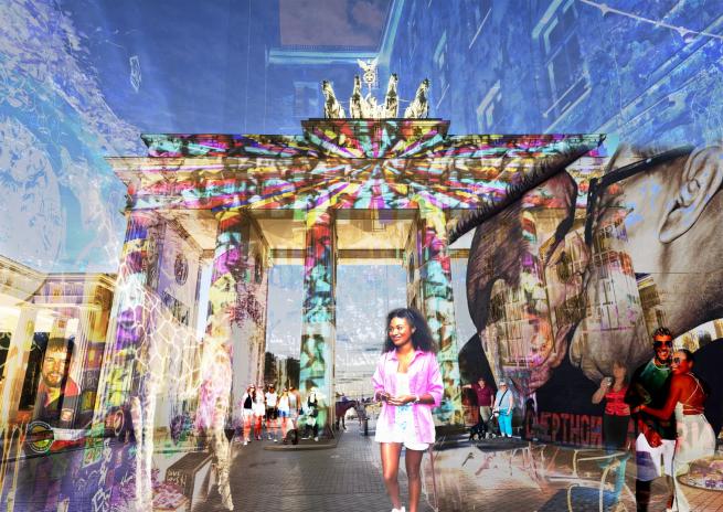 Brandenburg Gate with colorful overlays, murals, and people walking and smiling in bright light.