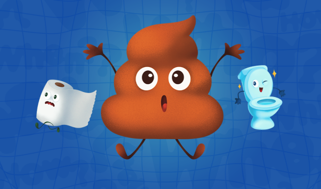 An animated poo joined by a toilet roll and a toilet with faces.