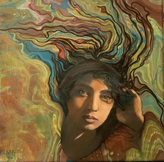 A surreal portrait of a woman with expressive eyes, her hair flowing into colourful, swirling patterns that blend with a marbled, abstract background.