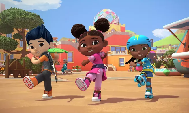 Some animated children dance in a line.