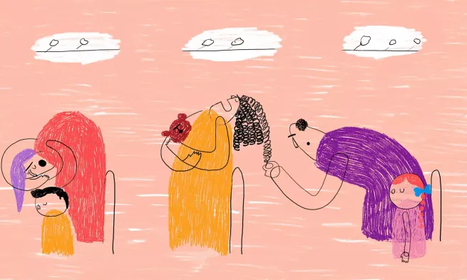 A drawing of three adult characters and two child ones.