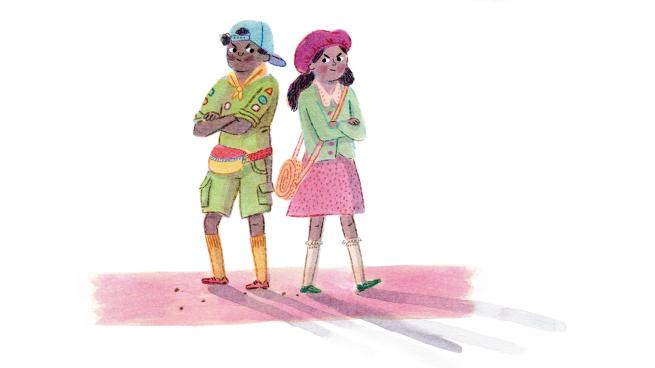 Image shows 2 illustrated figures facing back to back in scout like uniform on a candy floss pink road. 