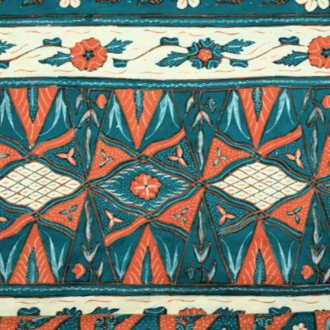 Patterned fabric in blue, brown and beige. The motifs include flowers, leaves, triangles and diamonds in repeating rows.
