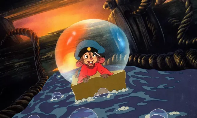 Fievel the mouse, inside a bubble, riding on a bar of soap