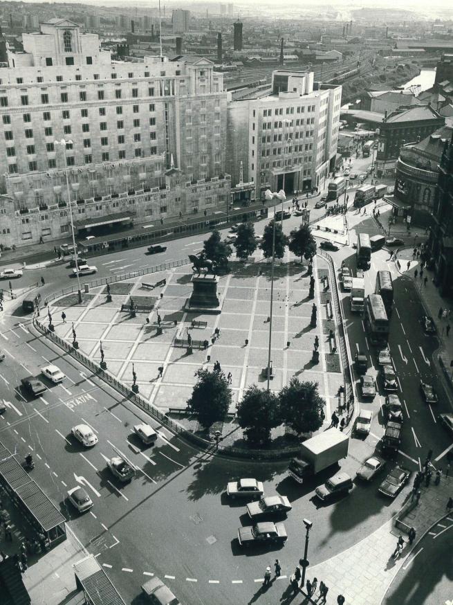 A black and white aerial photograph of City Square in the 1960s