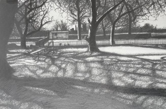 A monochrome drawing of a park landscape 