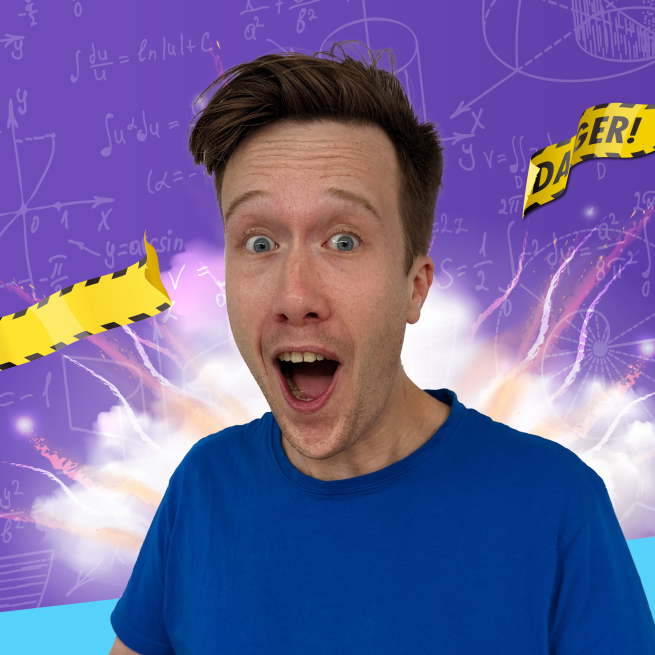 Presenter Dan Simpson is open mouthed on a purple exploding background, while caution tape is burst open.
