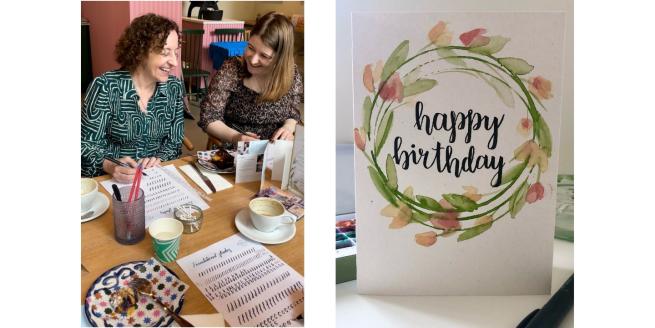 Two side-by-side images. Left: Two women at a table, writing and smiling. Right: A "Happy Birthday" card with a watercolor floral wreath.