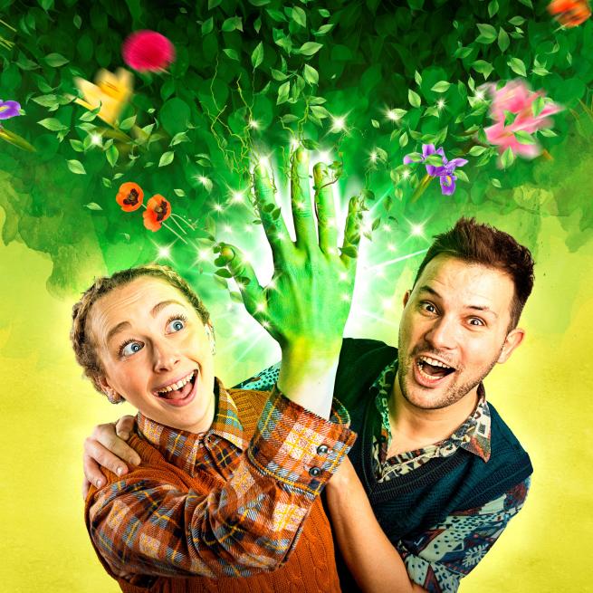 Two people stood side by side and one of the people has hand that is magically turning green