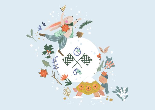 A drawing of a hare and a tortoise surrounds two crossed checked flags, a whistle, and a stopwatch. Flowers surround them all.