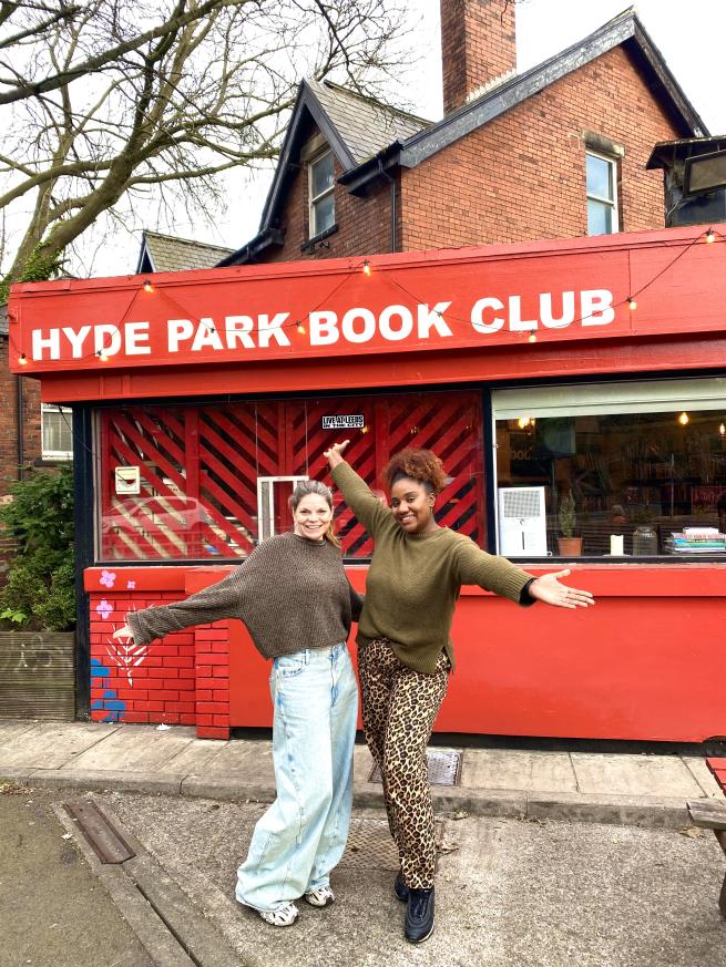 The two hosts of Hyde Park Stitch Club standing together 