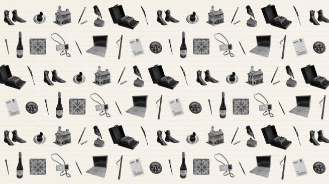 A repeating pattern of objects that feature in the exhibition on a background that looks like lined notepaper, including a typewriter, medieval tile, ipod, laptop, champagne bottle, Victorian ladies boots, ancient Greek coin, old style library card, model of a building (the Moot Hall), variety of pens (quill, fountain and medieval stylus), ink well, police truncheon and a bird (stonechat) 