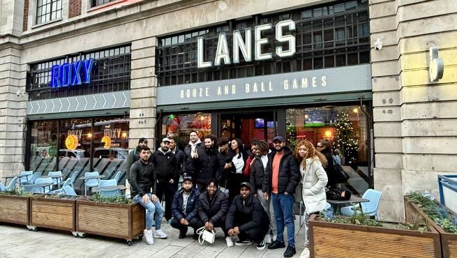 Group of friends outside Roxy Lanes