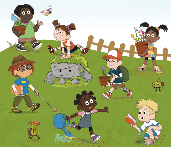 An illustration of a group of children in a garden playing with a rock monster and bulb characters.