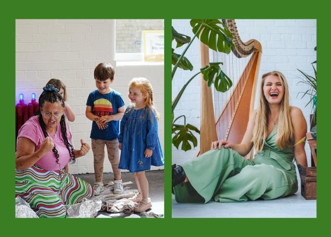 A storyteller interacting with three children and a harpist laughing next to their harp