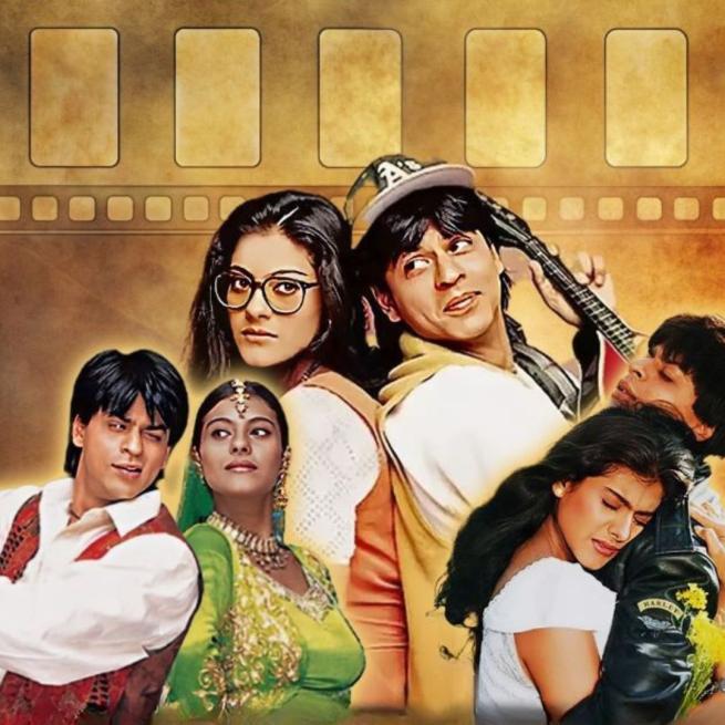 Promotional image for Tujhe Dekha including actors from the film Delwale Dulhania Le Jayenge including Shah Ruhk Khan, Jakol, Amrish Puri, Farida Jalal and Anupam