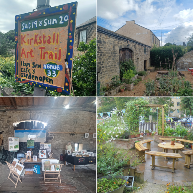 Images of the KAT sign, the Hollybush Barn inside and out, and the garden seating area.