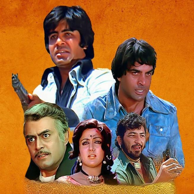 Screengrabs of the faces of five Bollywood actors in the film Sholay