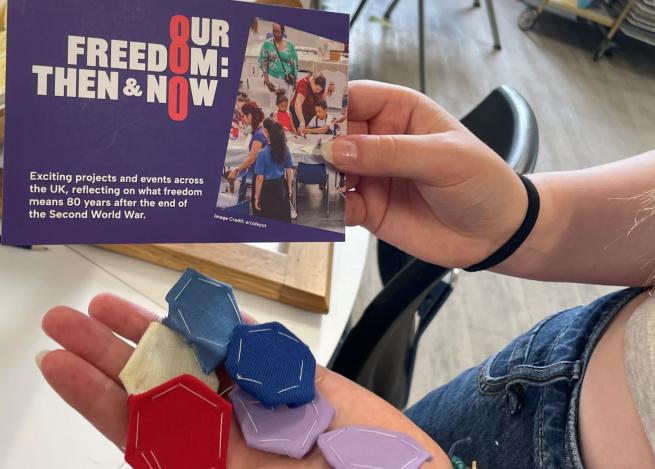 Images of fabric hexagons with a post card saying Our Freedom: Then & Now