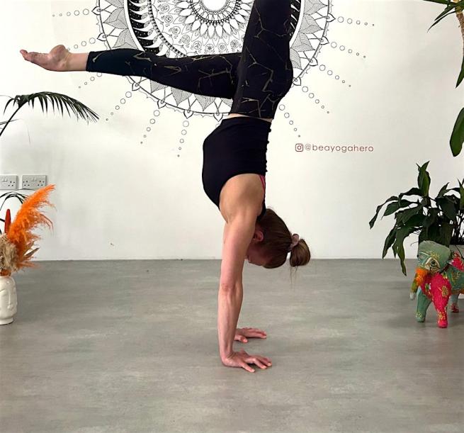 Yoga Teacher Karen doing a handstand
