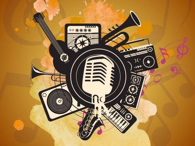 radios, record player, instruments and microphone 