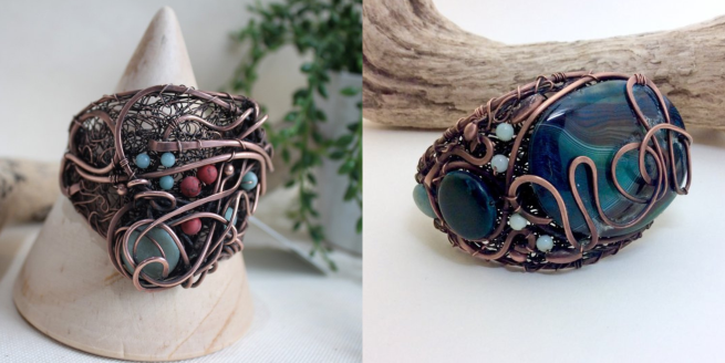 Copper wirework bangles made by jewellery tutor Amanda Burton 