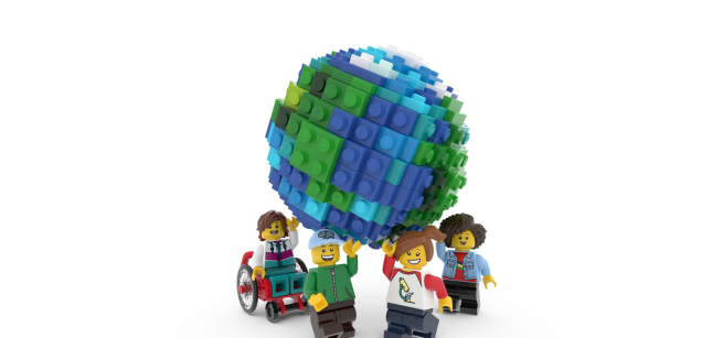 A picture of four lego characters holding a lego globe