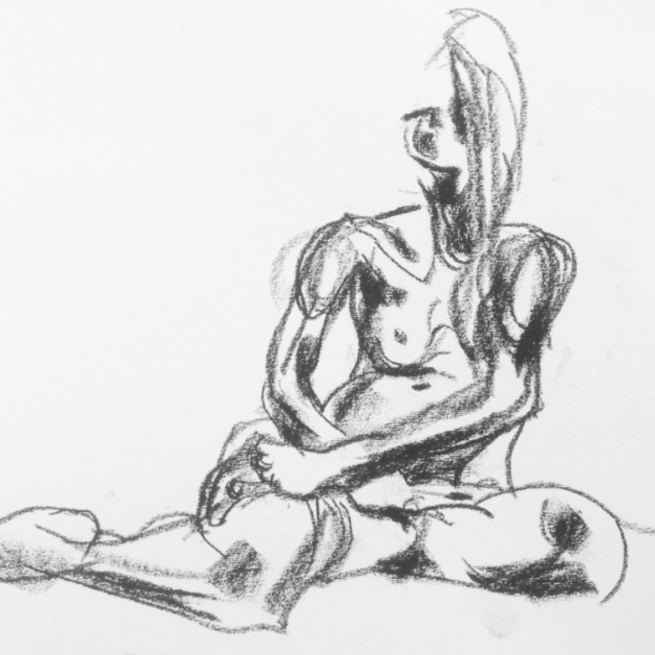 Charcoal life drawing sketch of a seated nude figure on white paper