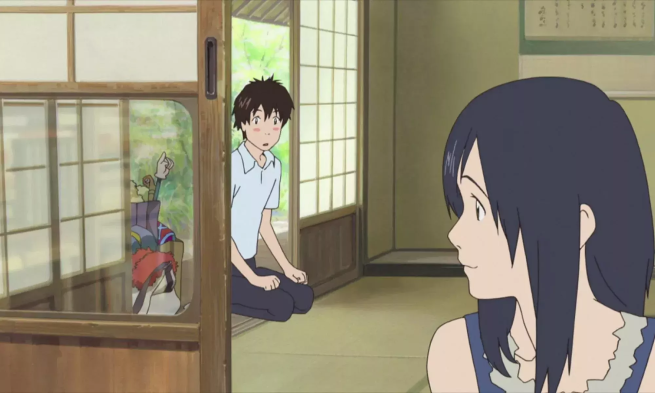 Japanese Animation of two people in a Japanese house. A man is knelt on the floor whilst a woman looks back at him.