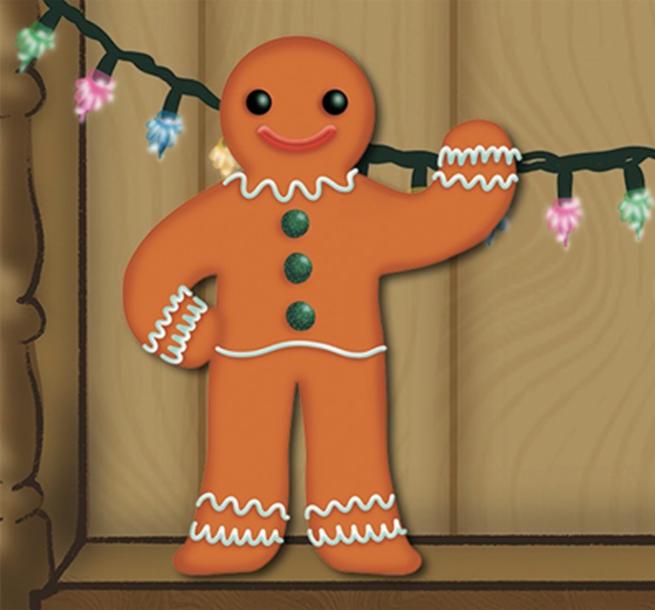 the Gingerbread man stood on a dresser waving