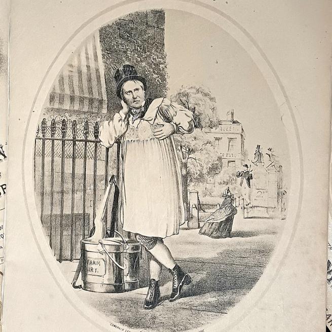 A black and white pencil drawing of a Victorian milkman, in a top hat and smock, leaning against an iron fence.
